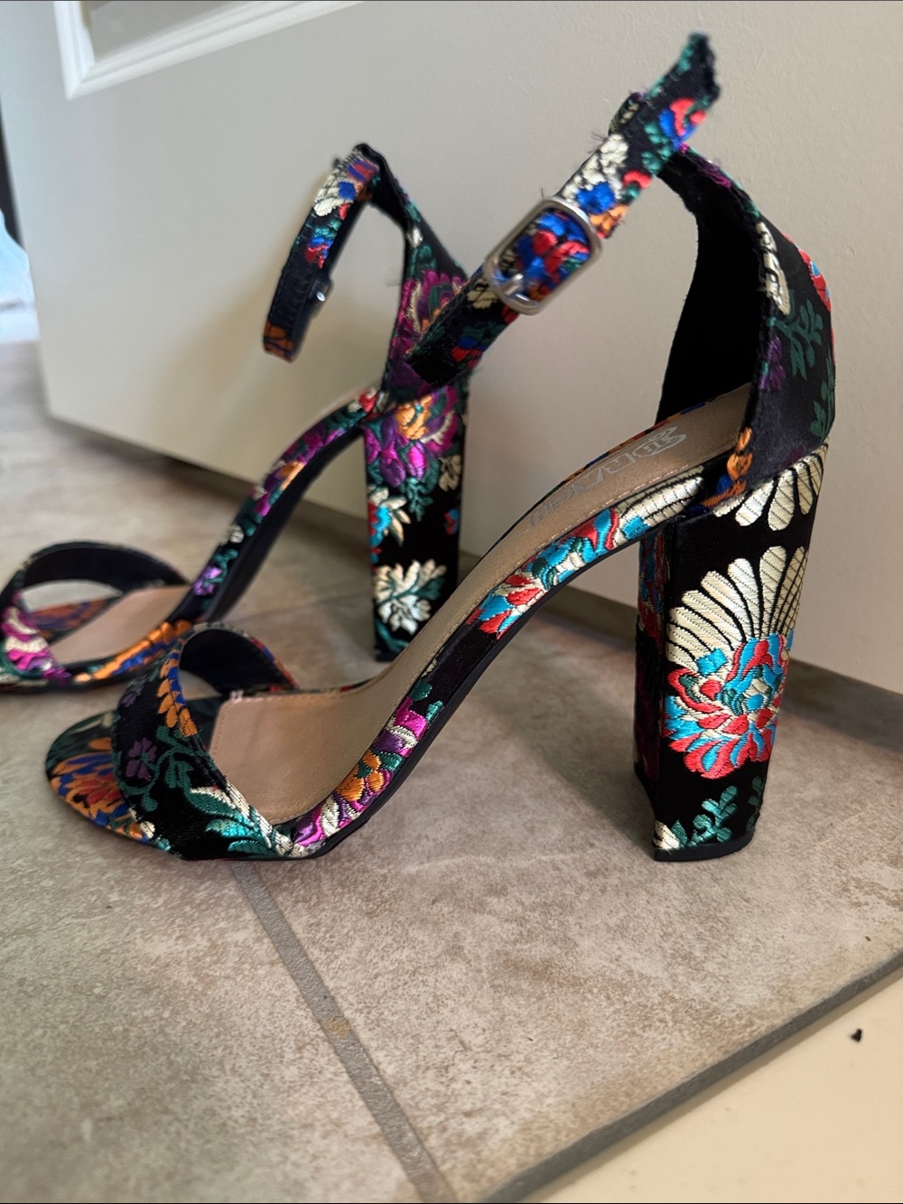 Brash Black Floral Jacquard Ankle-Strap Block Heels